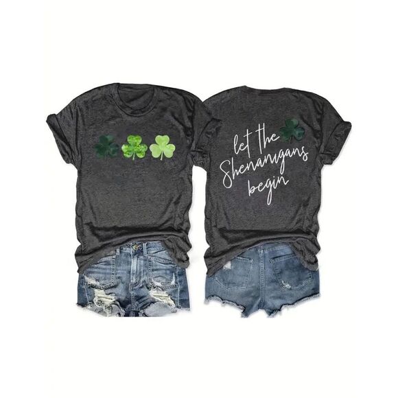 Let the Shenanigans Begin & Cute Clover short sleeve t-shirt charcoal grey sz me - Picture 3 of 3